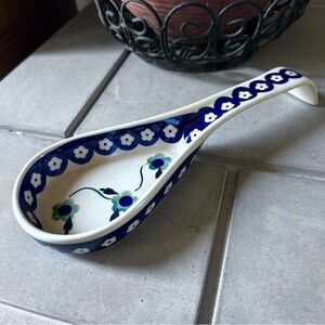 Vintage Boleslawiec Hand Made Polish Pottery Spoon Rest Traditional Blue/White